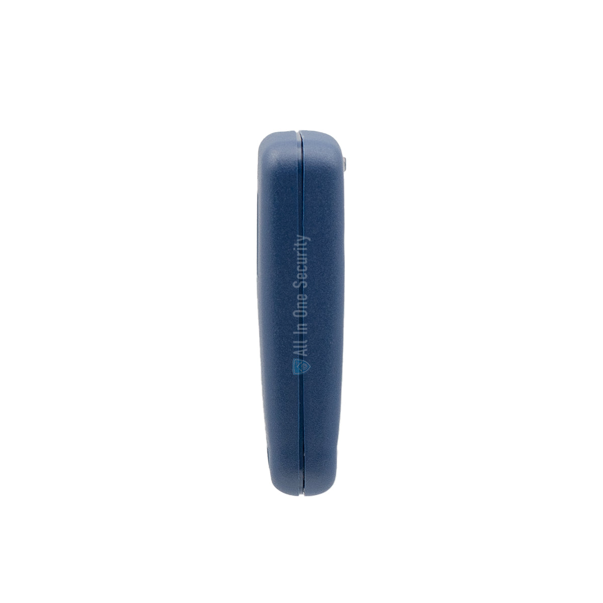 Side view of DTS Octo 5-button remote control slim blue design. 
