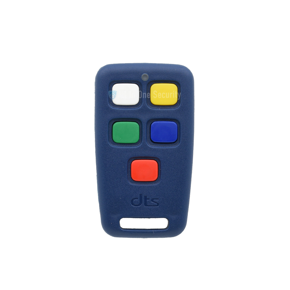 Front view of DTS Octo 5-button remote control featuring colour buttons on a blue casing.