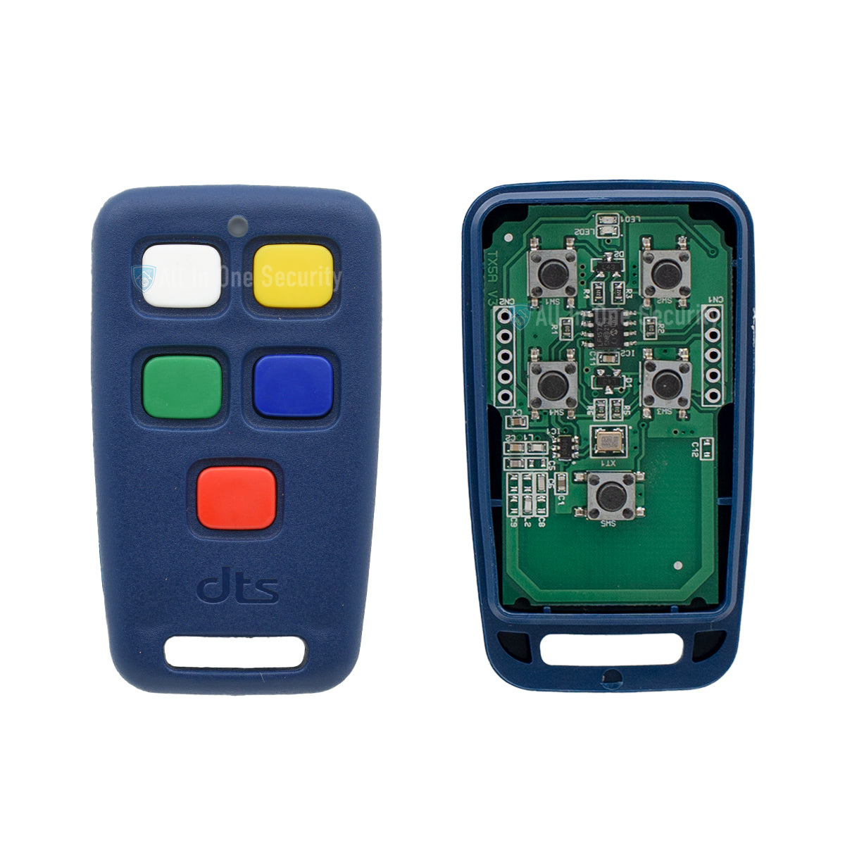 Inside view of DTS Octo 5-button remote, featuring colorful buttons on the outside.