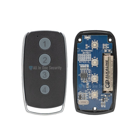 Inside view of Digidoor 4-button e-key remote control, showing circuit board and battery alongside keypad.