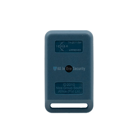 Blue 2-button remote control back view ICASA approved. 