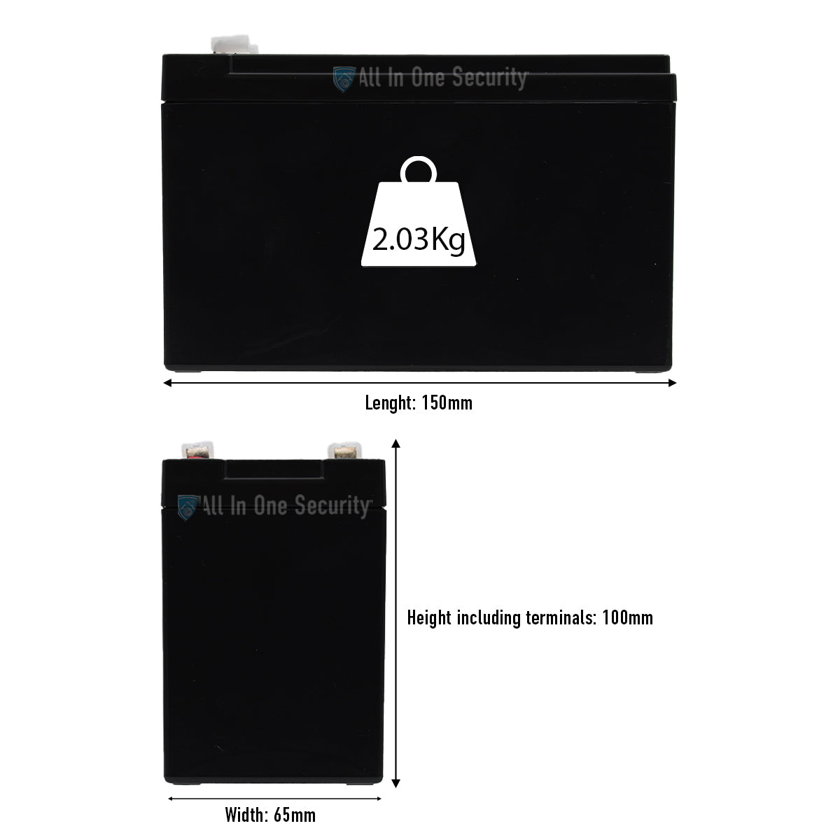12V 7.2Ah rechargeable SLA battery with dimensions 150mm x 65mm x 100mm and weight 2.03kg, ideal for security systems.