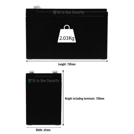 12V 7.2Ah rechargeable SLA battery with dimensions 150mm x 65mm x 100mm and weight 2.03kg, ideal for security systems.