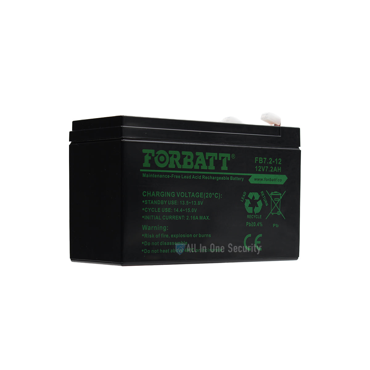Forbatt 12V 7.2Ah maintenance-free lead acid rechargeable battery, front right angle view.
