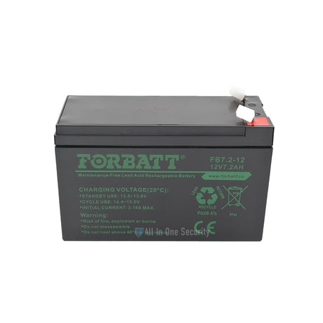 Forbatt 12V 7.2Ah sealed lead acid rechargeable battery, front top angle view showing terminals.