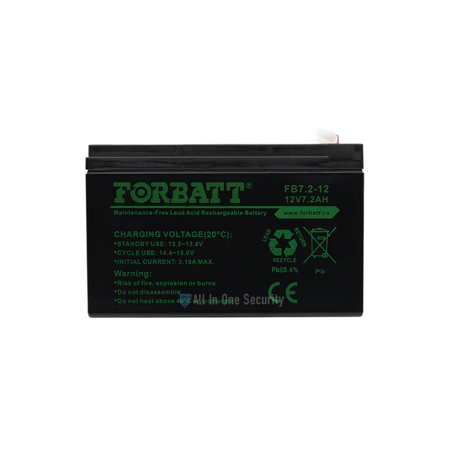 Forbatt 12V 7.2Ah maintenance-free lead acid rechargeable battery, ideal for UPS, alarms, and backup power systems.