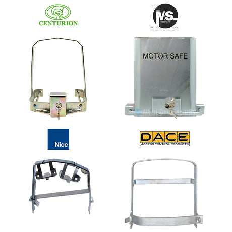 Gate motor anti-theft brackets for Centurion, DACE, Nice, and Motor Safe brands, designed for secure motor protection.