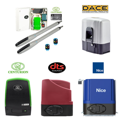 Collection of Centurion, Dace, DTS, and Nice gate motors and automation kits for residential and commercial gate systems.