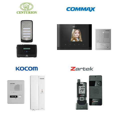 Collection of intercom systems by Centurion, Commax, Kocom, and Zartek featuring wired, wireless, and video intercoms
