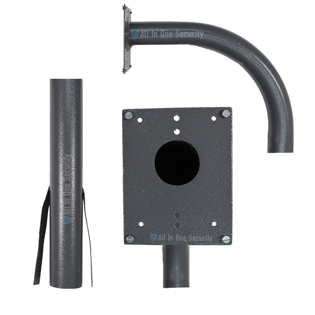 Powder-coated dark grey metal gooseneck intercom bracket with mounting plate and angled support arm.
