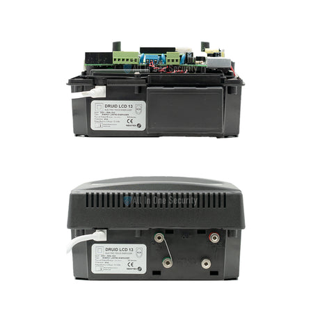 Bottom view of Nemtek Druid LCD 13 electric fence energizer showing wiring ports.