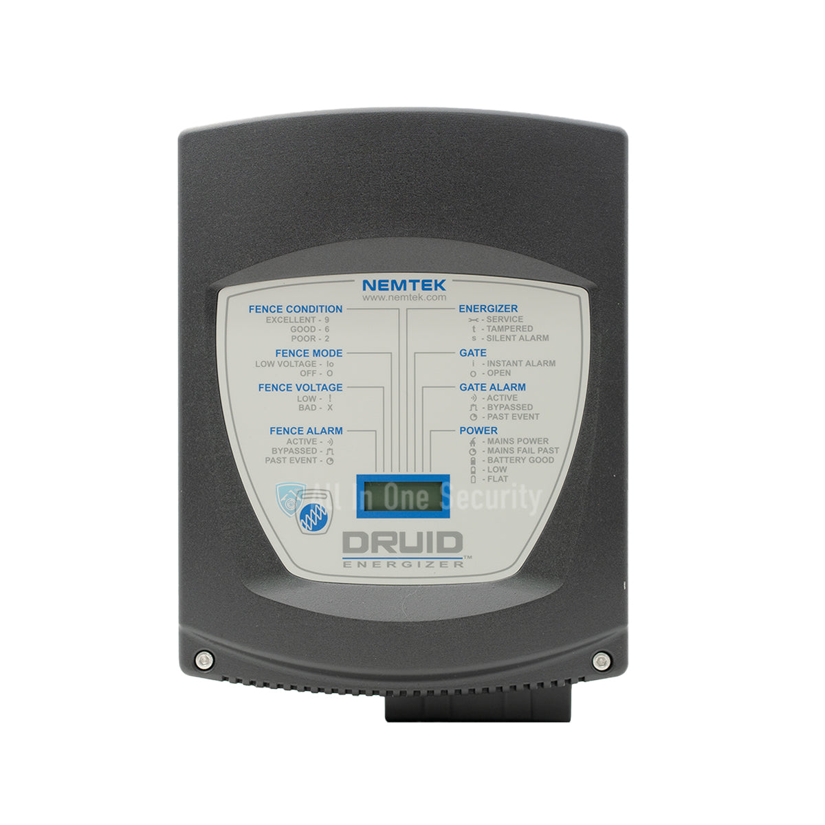 Nemtek Druid 13 LCD Electric Fence Energizer with display showing fence condition, mode, voltage, alarm, and power status.