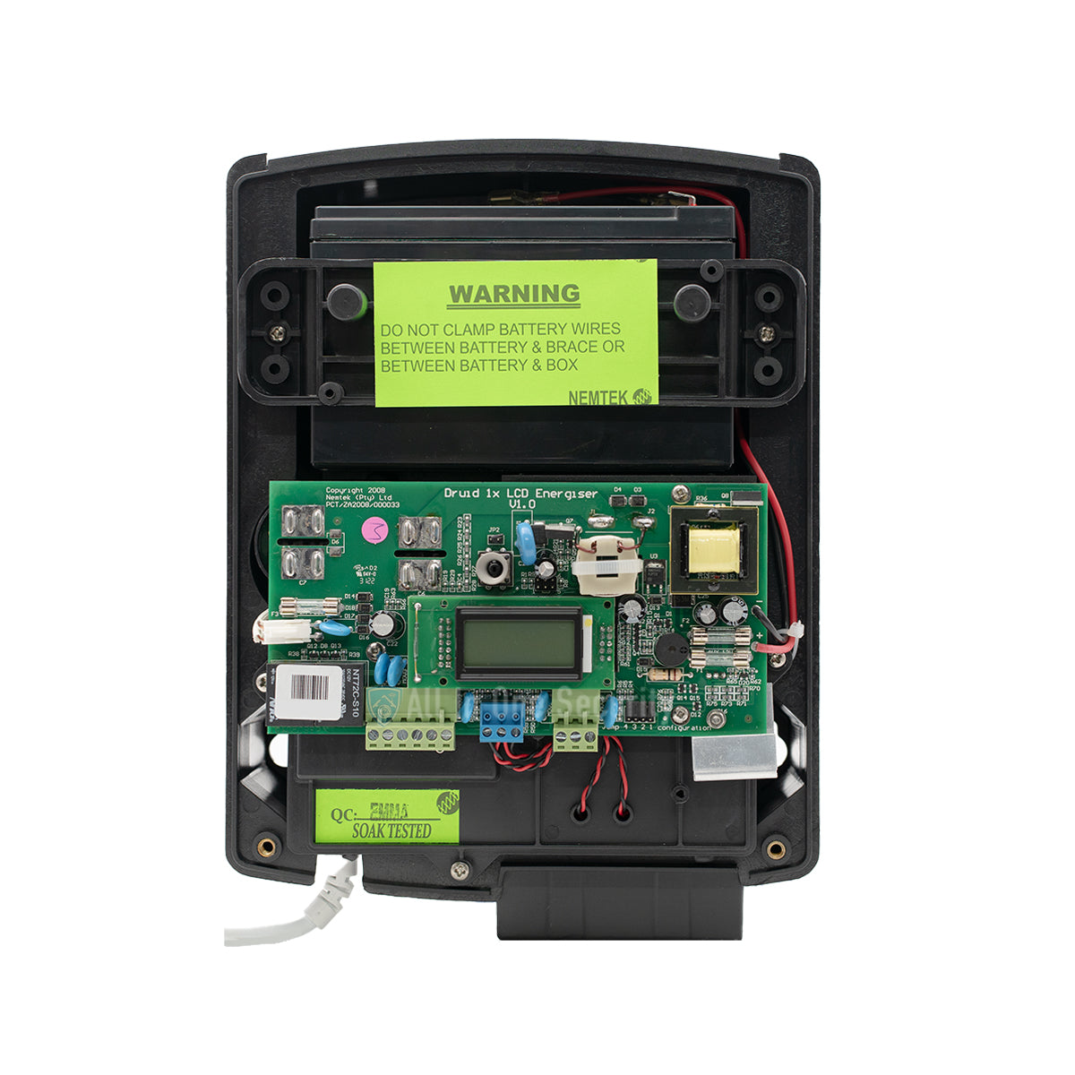 Internal view of Nemtek Druid LCD 13 electric fence energizer.
