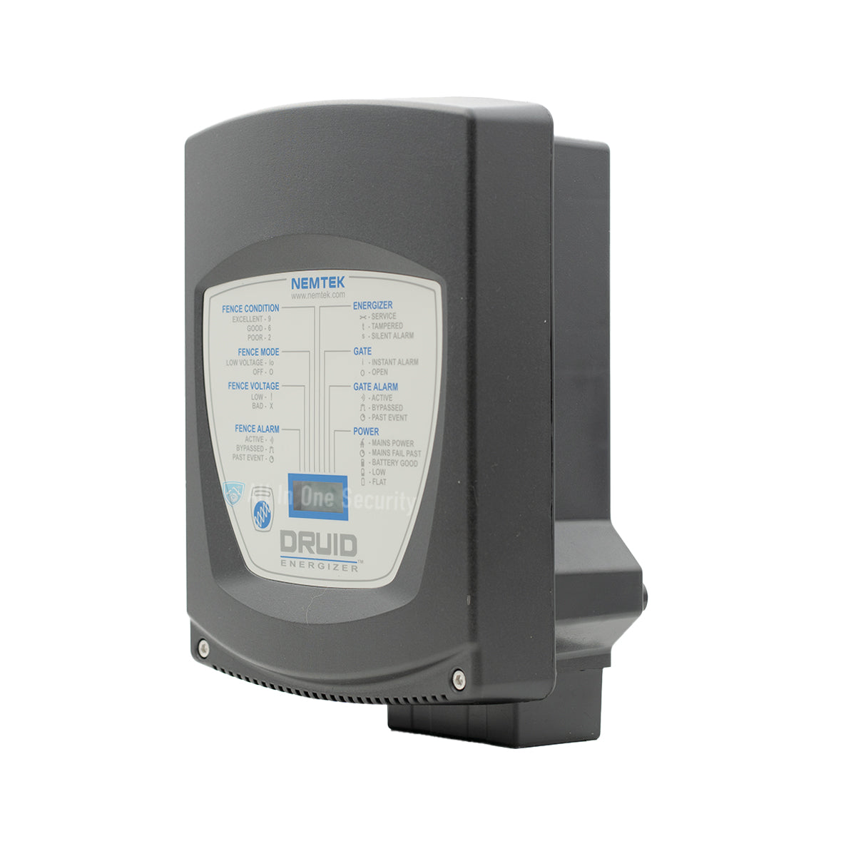 Nemtek Druid LCD 13 electric fence energizer side angle view showing front control panel.