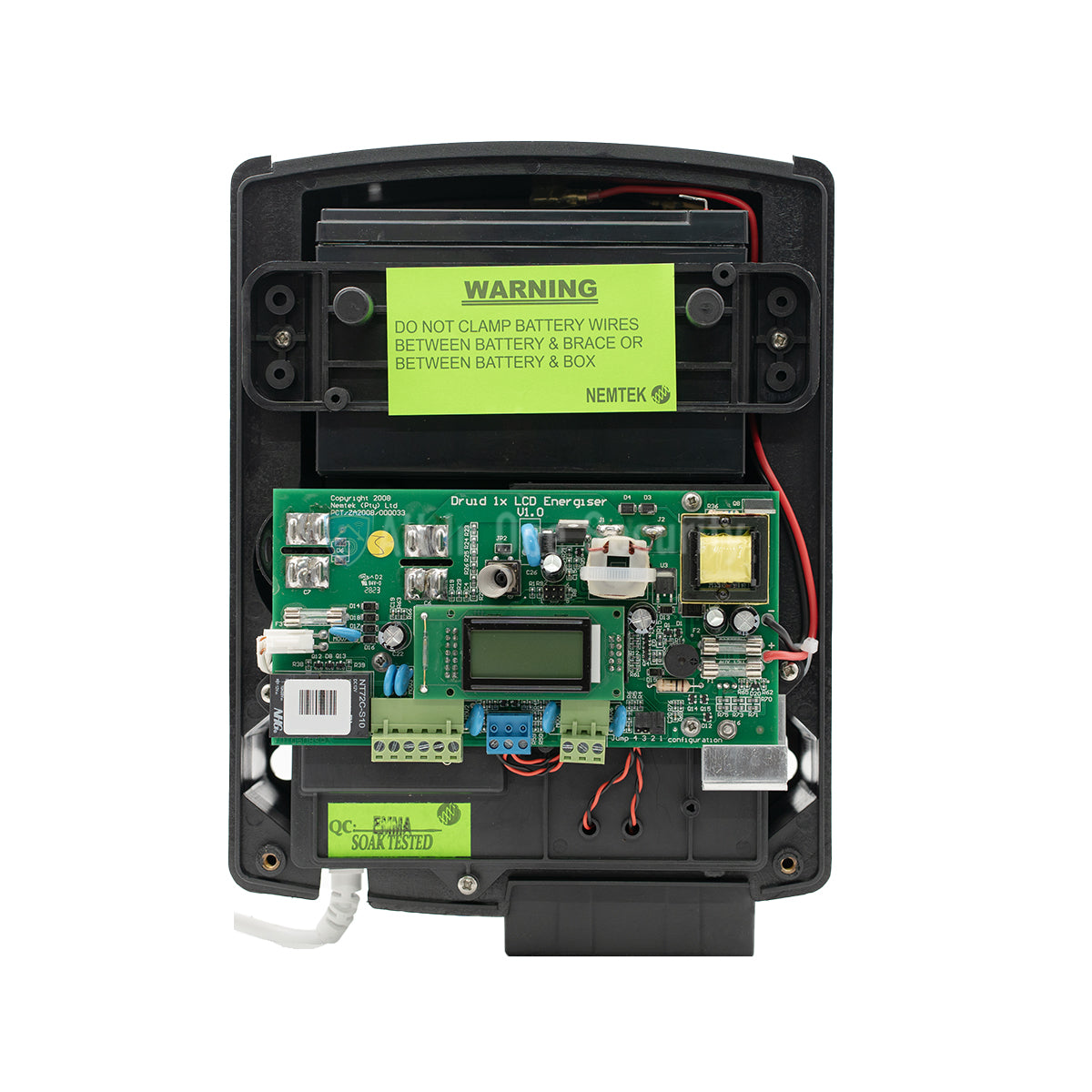 Internal view of Nemtek Druid LCD 15 electric fence energizer. 