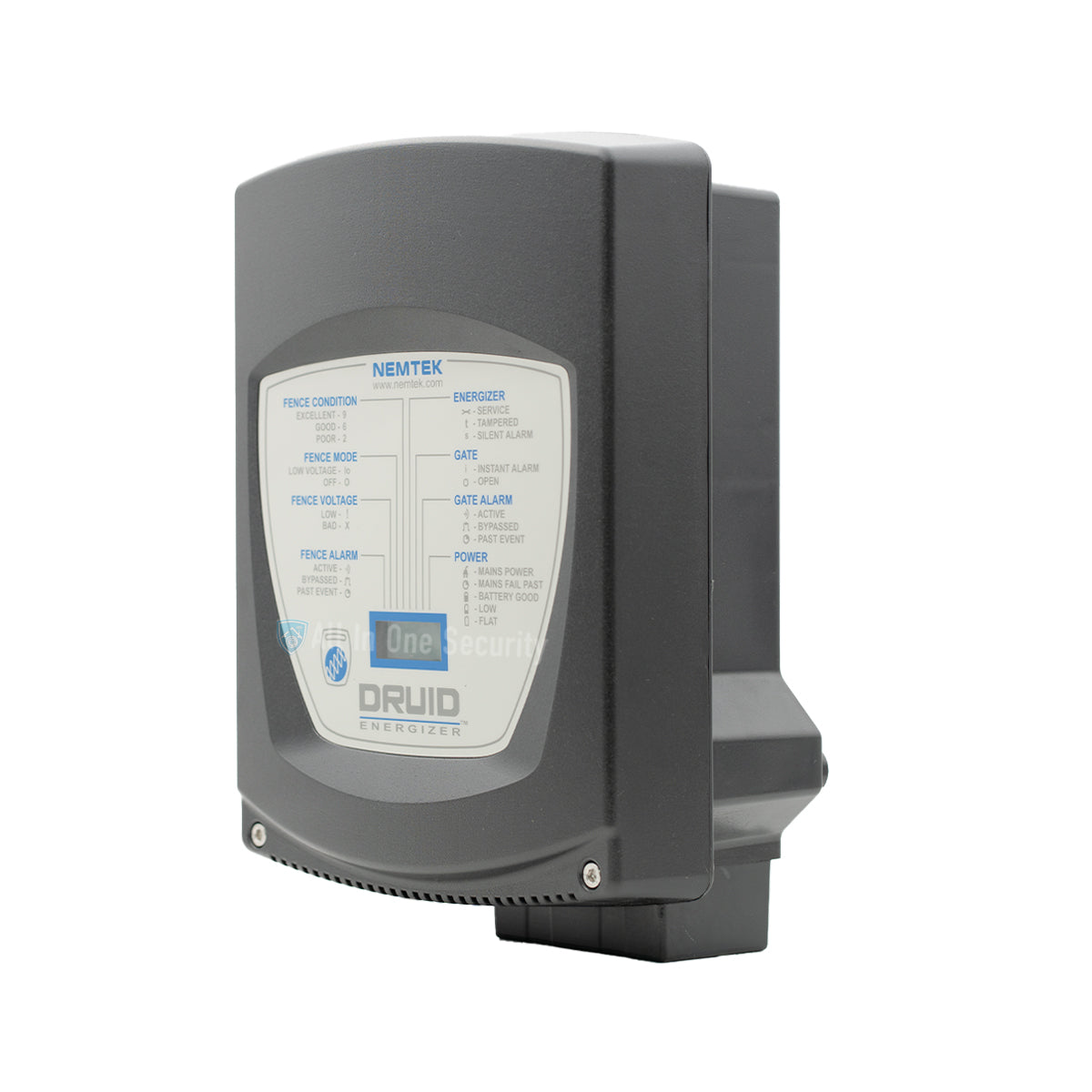 Nemtek Druid LCD 15 electric fence energizer side angle view showing control panel.