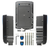 Back and side views of Nemtek Merlin Stealth M18S energizer with mounting accessories.