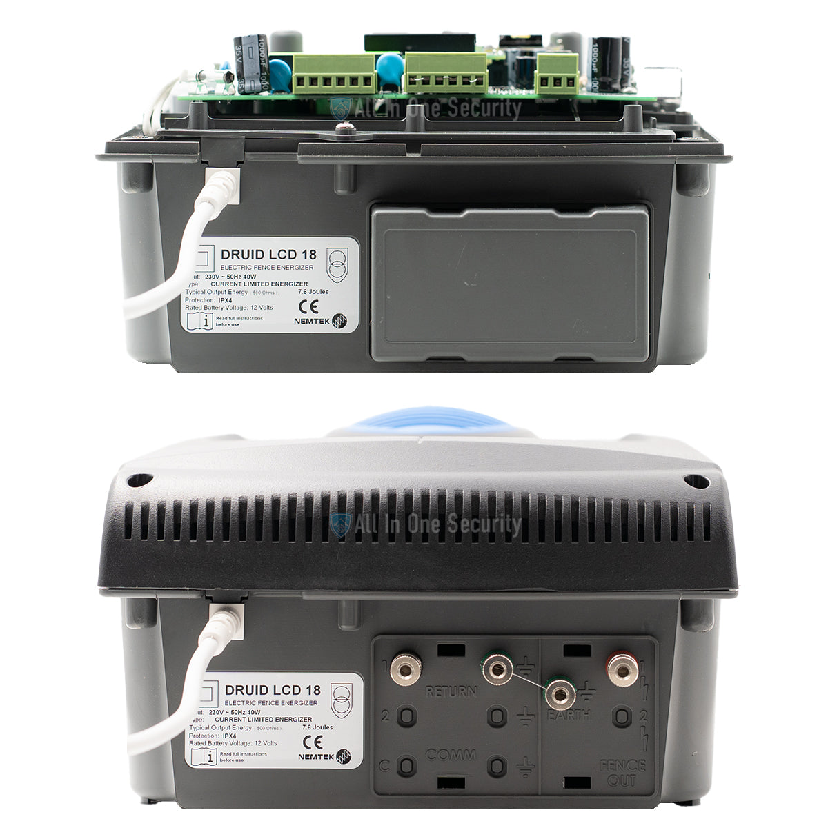 Bottom view of Nemtek Druid LCD 18 electric fence energizer showing wiring ports, and connection terminals.