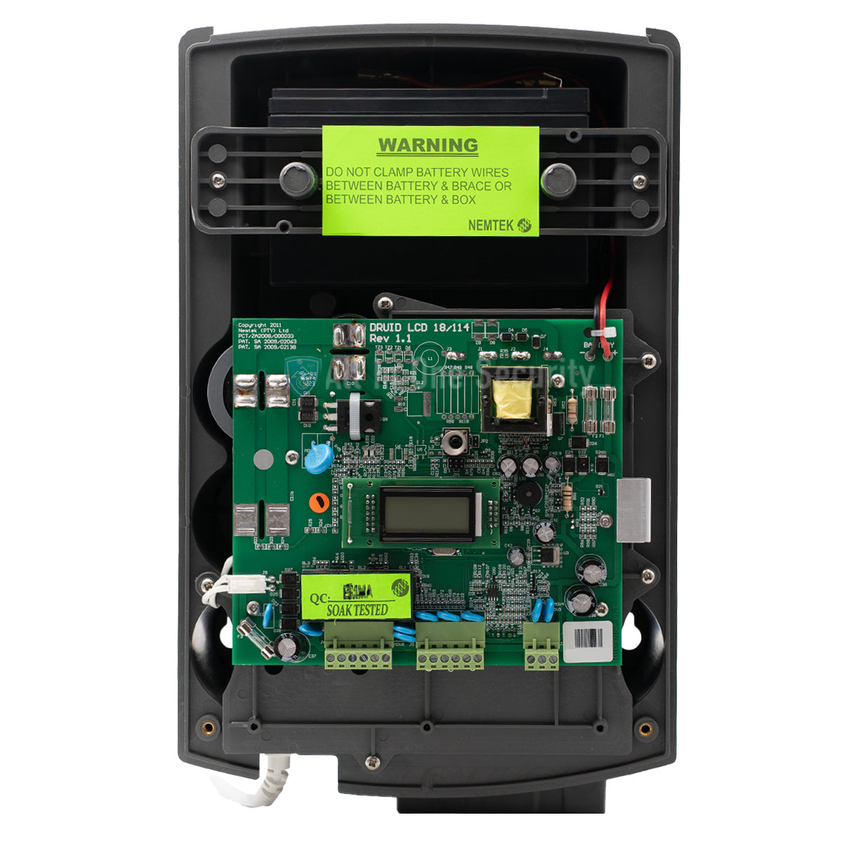 Inside view of Nemtek Druid LCD 18 electric fence energizer.