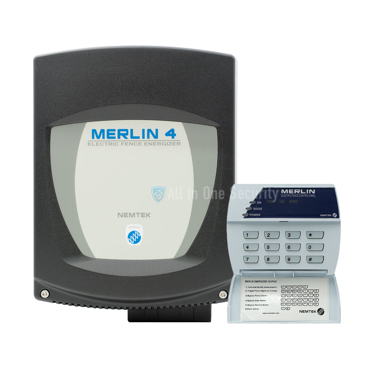 Nemtek Merlin 4 electric fence energizer with keypad control panel – front view. 