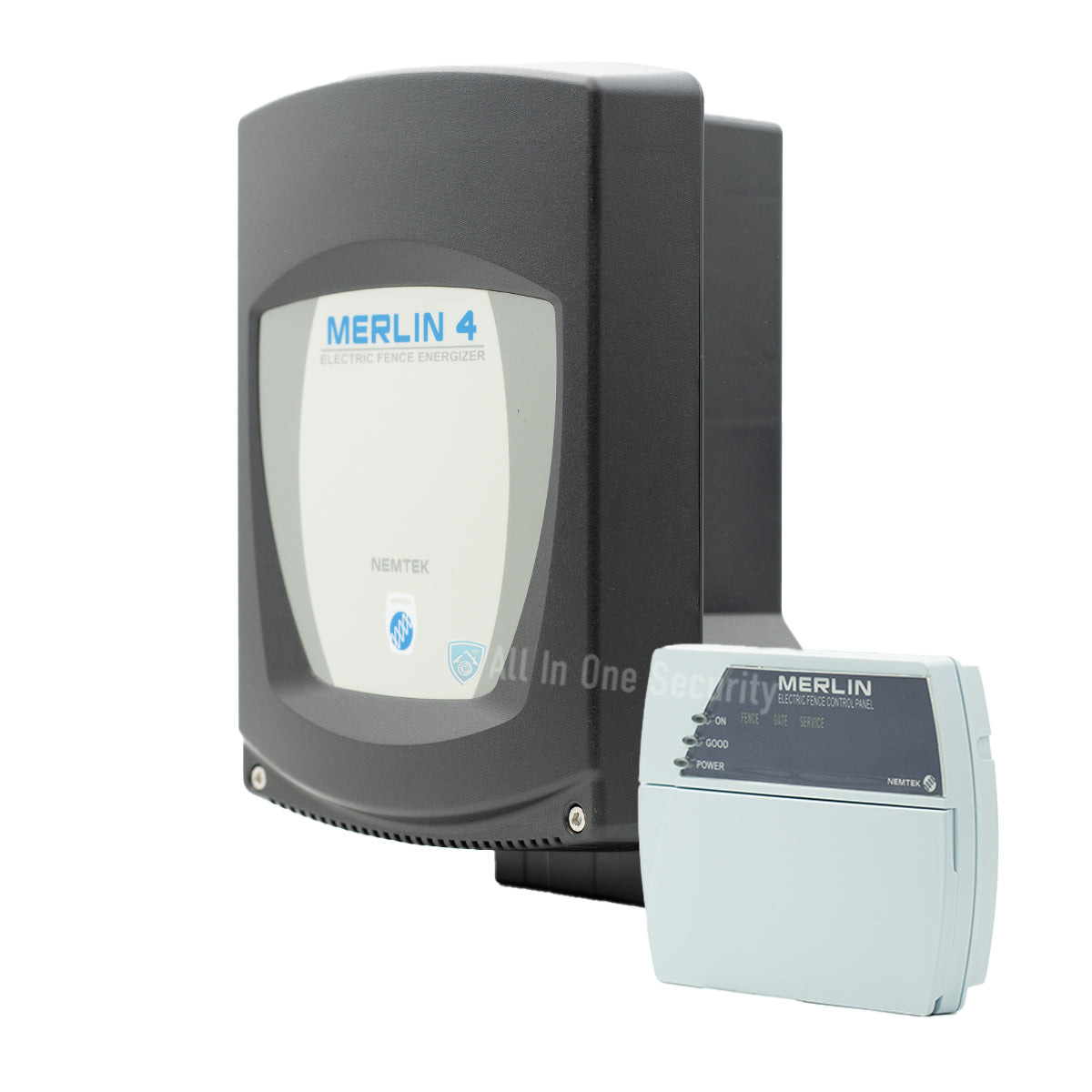 Side angle view of Nemtek Merlin 4 Electric Fence Energizer with Control Panel. 