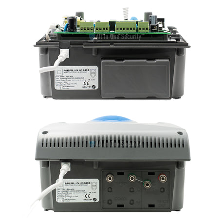 Nemtek Merlin Stealth M18S energizer bottom showing wiring terminals and input ports.