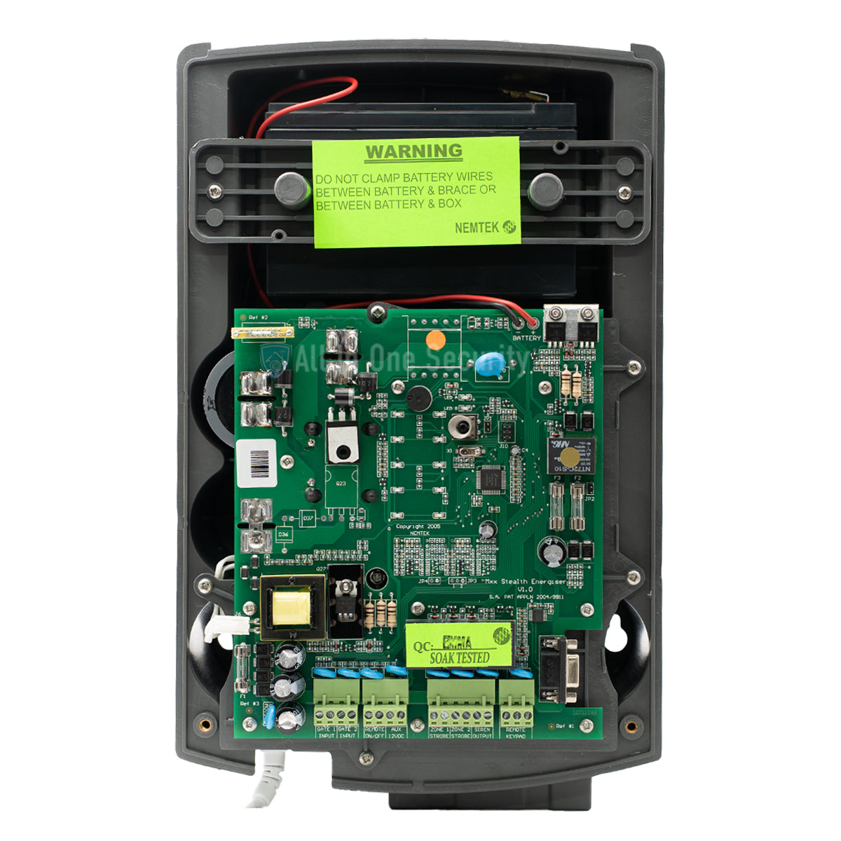 Inside view of Nemtek Merlin Stealth M18S electric fence energizer. 