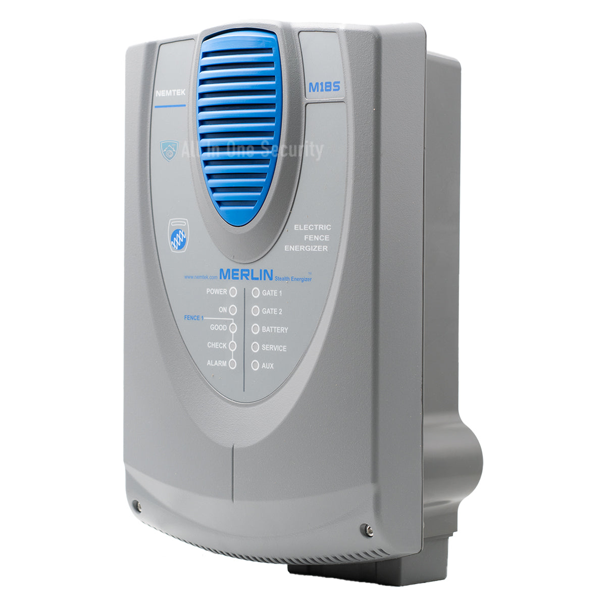 Nemtek Merlin Stealth M18S electric fence energizer side angle view.