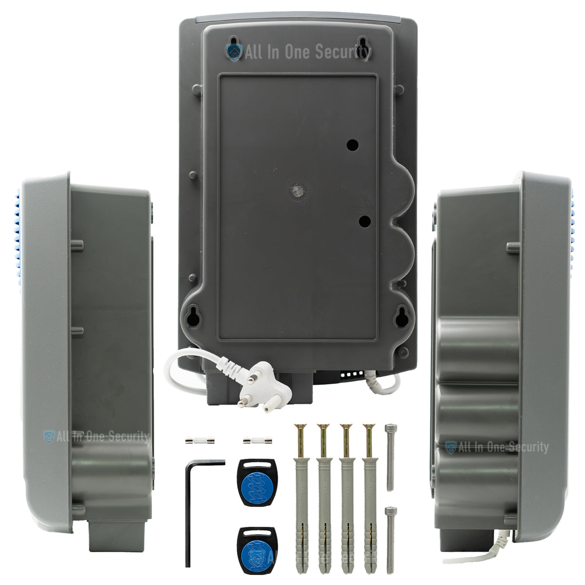 Nemtek Merlin Stealth M28S energizer back and side views with mounting accessories. 