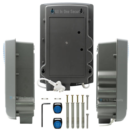 Nemtek Merlin Stealth M28S energizer back and side views with mounting accessories. 