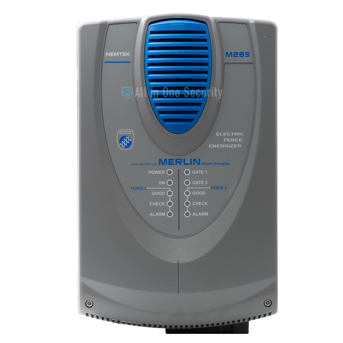 Nemtek Merlin Stealth M28S electric fence energizer front view with LED indicators. 