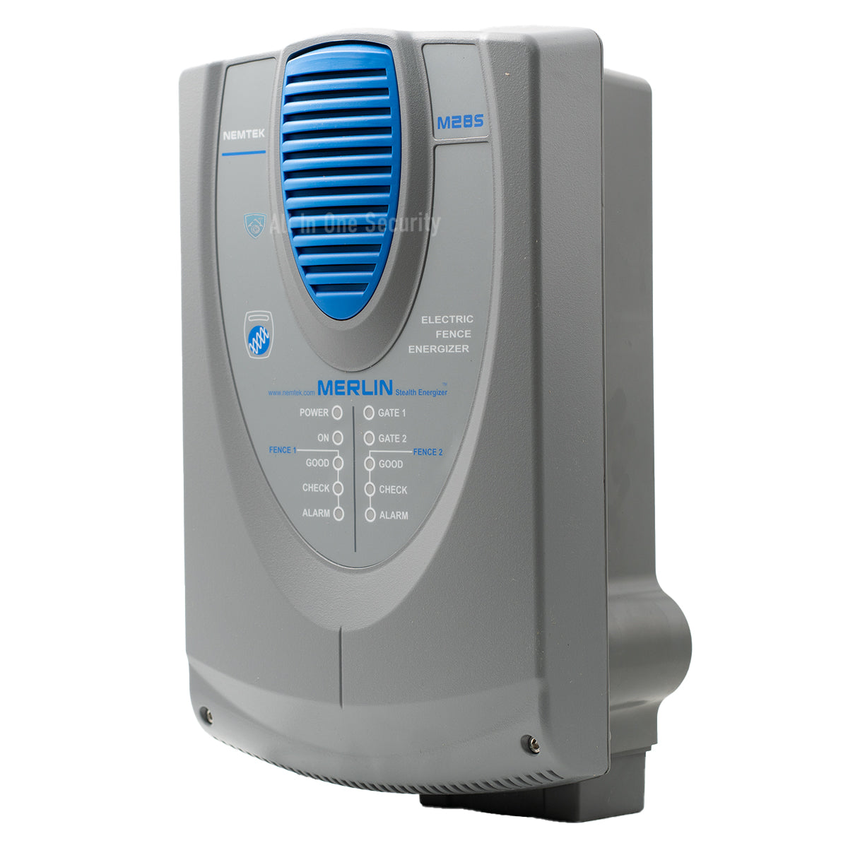 Nemtek Merlin Stealth M28S electric fence energizer side angle. 