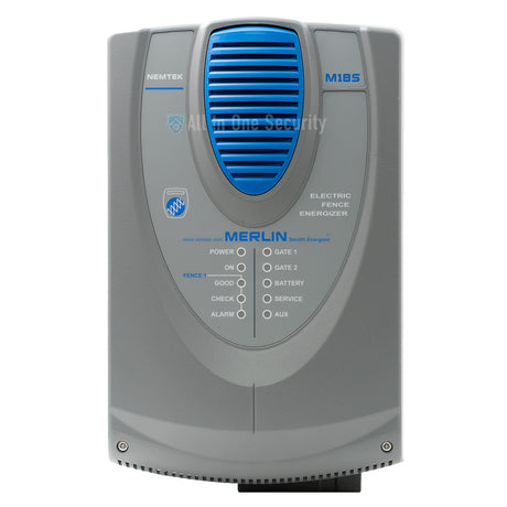 Front view of Nemtek Merlin Stealth M18S electric fence energizer with LED indicators. 