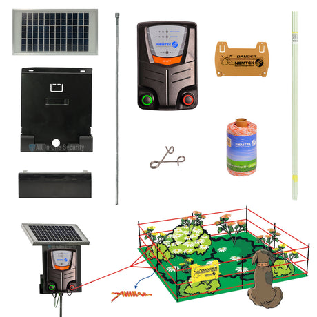Collection of the Petstop kit components and a diagram of the solar-powered pet fence installed.