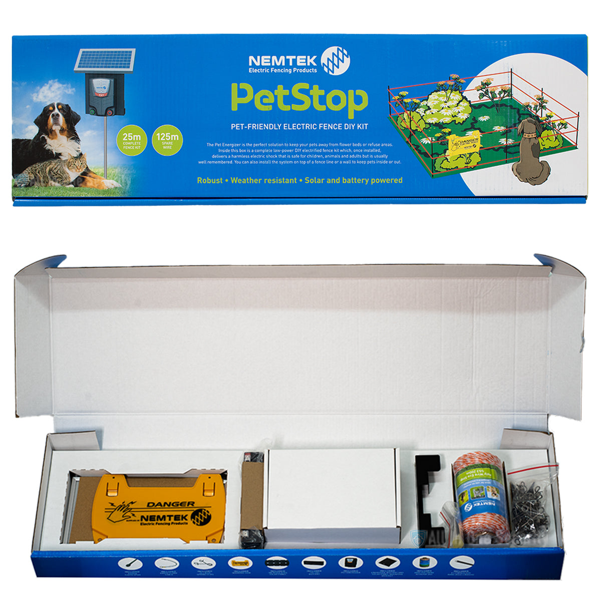 Nemtek PetStop electric fence DIY kit packaging with kit components displayed inside.