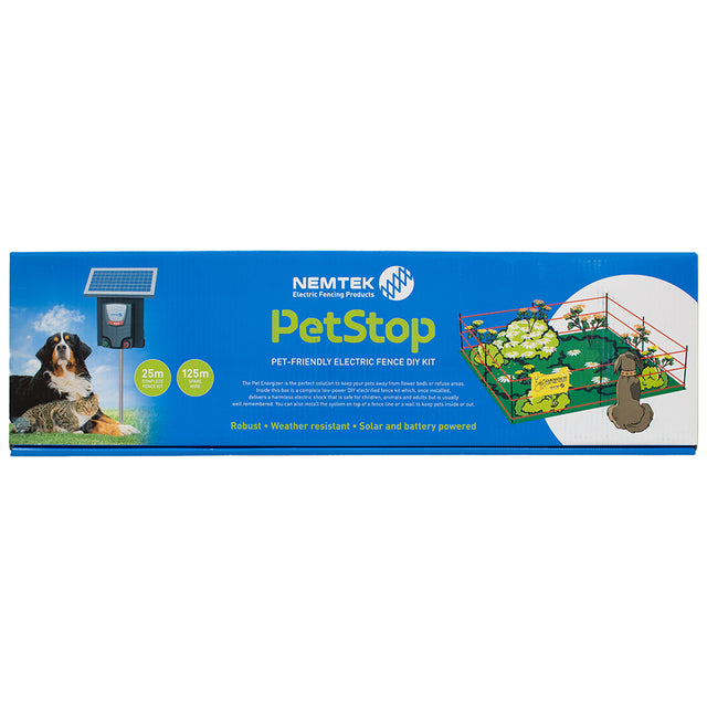 Nemtek PetStop pet-friendly electric fence DIY kit packaging box on a white background
