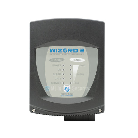 Nemtek Wizord 2i Electric Fence Energizer front view displaying LED status indicators.