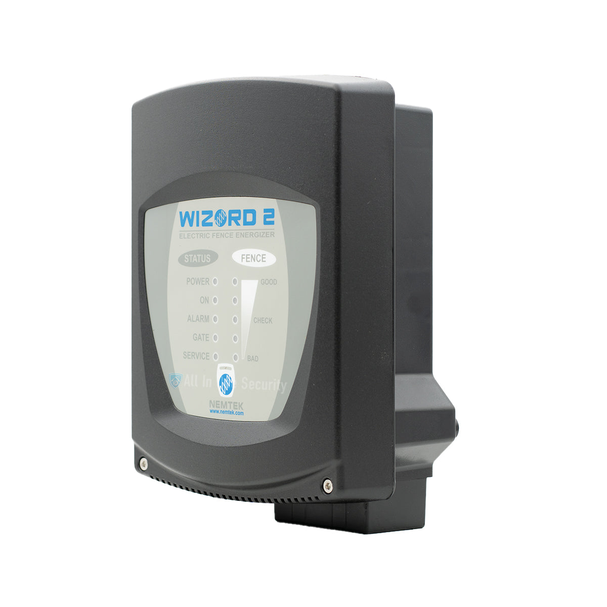 Nemtek Wizord 2i Electric Fence Energizer side angle view showing LED status indicators.
