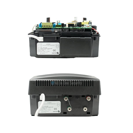 Nemtek Wizord 4i Electric Fence Energizer, 4 Joule, 230V, 12V battery compatible, front and bottom views.