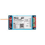 Nice ET Blu Mix 1 channel receiver front view with labelled connections, status indicators, and wiring terminals for automation systems.