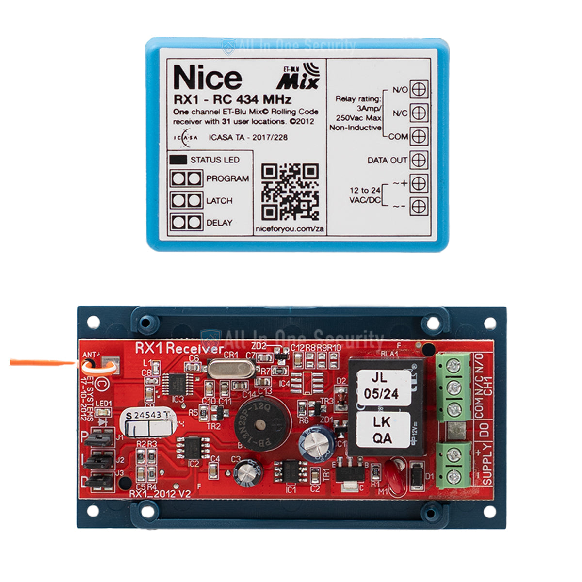 Nice ET Blu Mix 1 channel receiver inside view showing circuit board, components, wiring terminals, and technical label for automation use.
