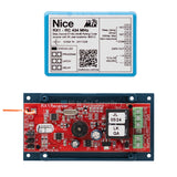 Nice ET Blu Mix 1 channel receiver inside view showing circuit board, components, wiring terminals, and technical label for automation use.