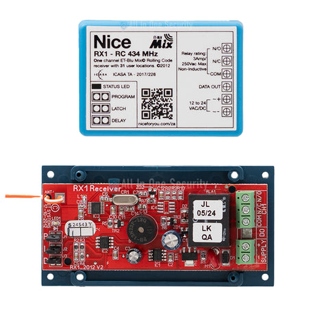 Nice ET Blu Mix 1 channel receiver inside view showing circuit board, components, wiring terminals, and technical label for automation use.
