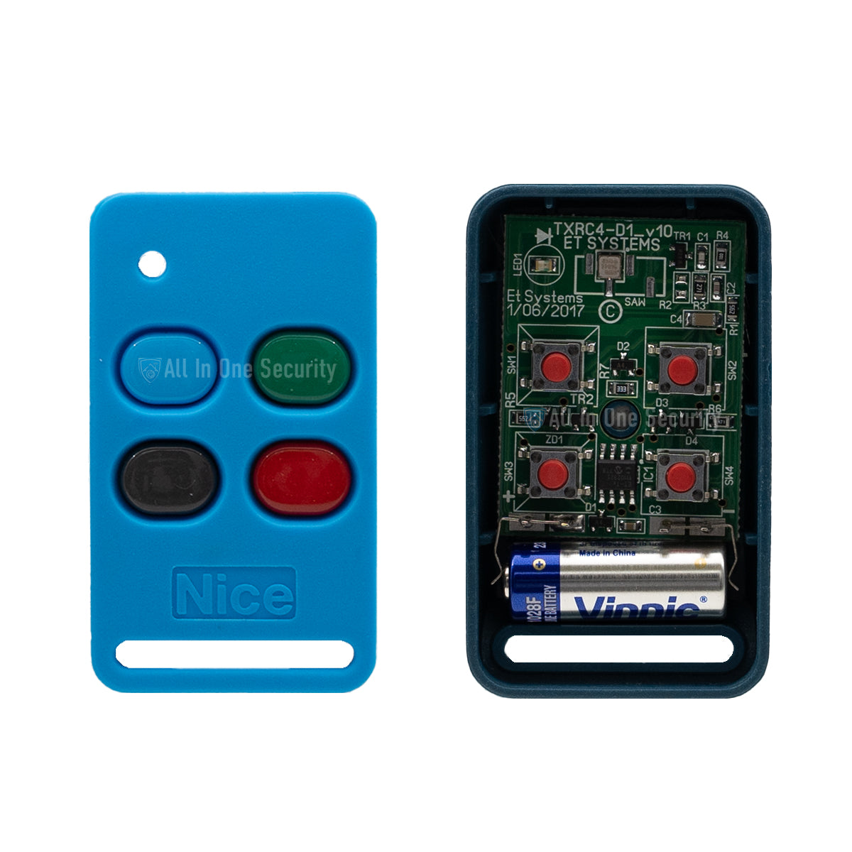 Inside view of Nice ET Blu Mix 4-button remote showing button layout.