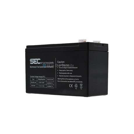 ProSec 12V 7Ah sealed lead acid rechargeable battery, left front angle view, ideal for backup power and security systems.