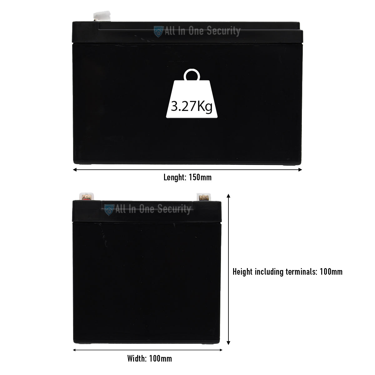 ProSec 12V 12Ah sealed lead acid battery dimensions showing 150mm length, 100mm width, 100mm height, and 3.27kg weight