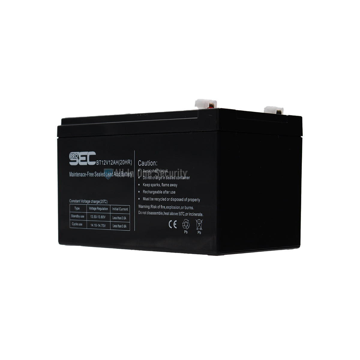 ProSec 12V 12Ah maintenance-free sealed lead acid battery, black rechargeable power source front left angle view