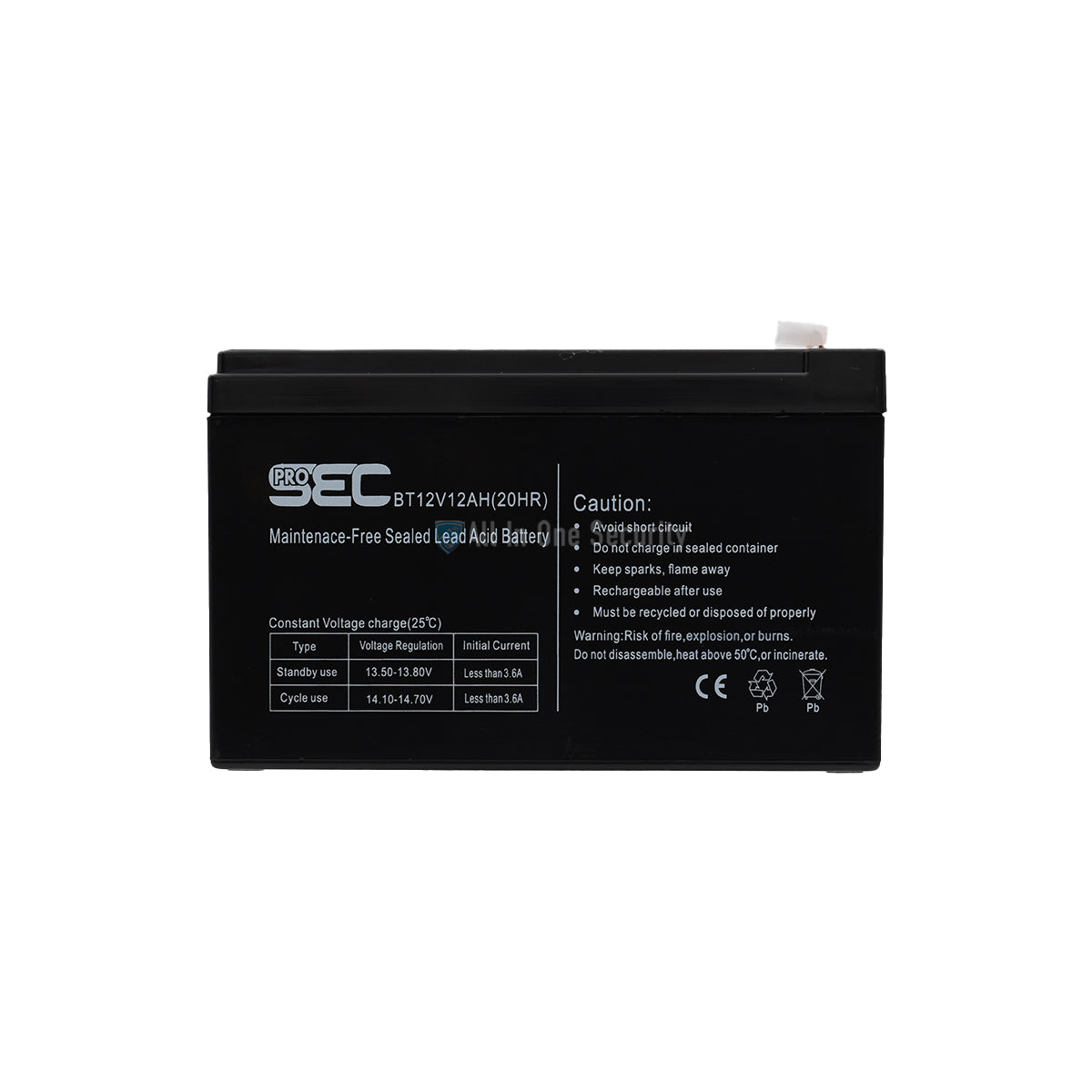 ProSec 12V 12Ah maintenance-free sealed lead acid battery, black rectangular rechargeable power unit front view