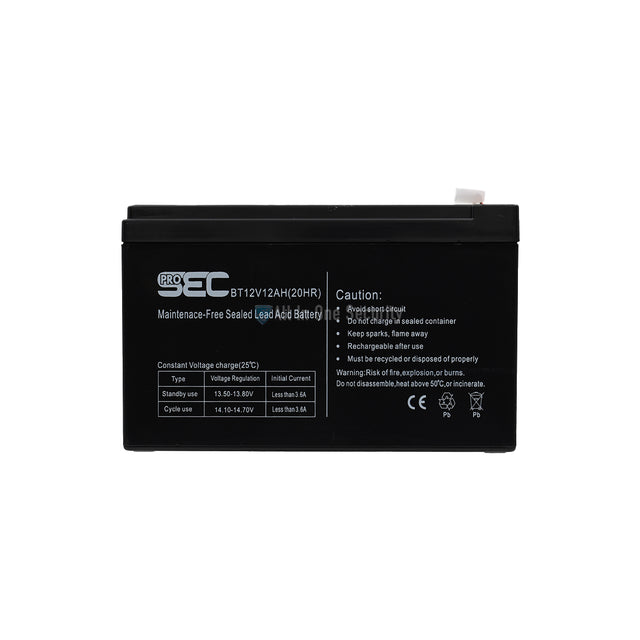 ProSec 12V 12Ah maintenance-free sealed lead acid battery, black rectangular rechargeable power unit front view