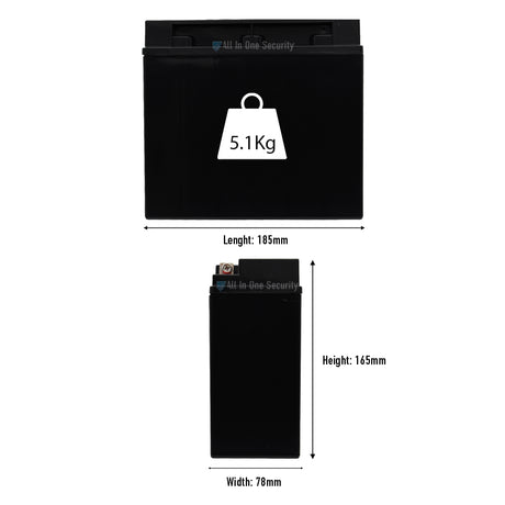 ProSec 12V 18Ah rechargeable gel battery with 5.1kg weight, showing dimensions of 185mm length, 78mm width, and 165mm height